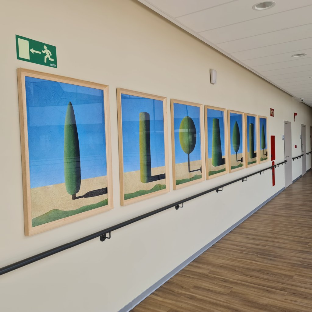 Residencia Caser en Majadahonda, zonas comunes. Objetivo del trabajo dar color y calidez a los pasillos que ya cuentan con la luz suficiente que filtran sus grandes cristaleras.